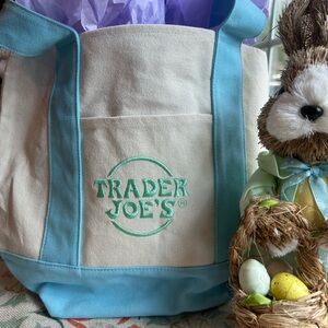 NWT Trader Joe's Mini Tote Bag in Light Blue Spring Canvas Easter Eco Friendly